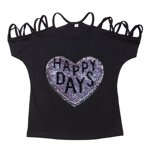 Girls T shirts Cute Heart-Shaped Sequins Cotton Summer Off-Shoulder Casual Kids Tops Children's Clothing Black For 3-8T