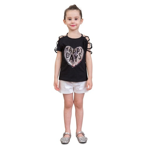 Girls T shirts Cute Heart-Shaped Sequins Cotton Summer Off-Shoulder Casual Kids Tops Children's Clothing Black For 3-8T