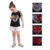 Girls T shirts Cute Heart-Shaped Sequins Cotton Summer Off-Shoulder Casual Kids Tops Children's Clothing Black For 3-8T