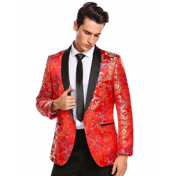 Men Fashionable Floral Dress Suit Blazer - Red