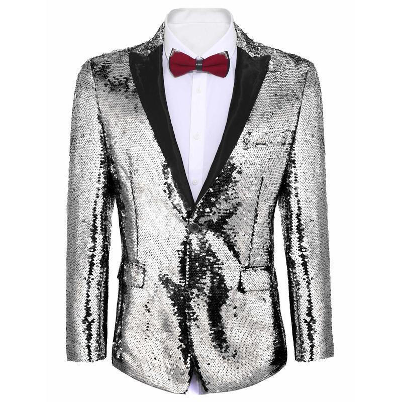 Men Sequined Décor Patchwork Slim Fit Blazer - Silver