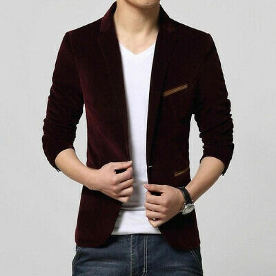 Men's Fashion Blazer Casual Slim Fit Suit Jacket - Wine Red