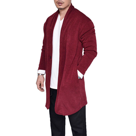 Men's Long Sleeve Wool Sweater Shawl Cardigan - Red