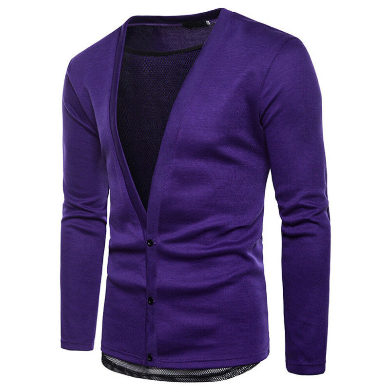 Men's V-Neck Knitted Button Sweater Cardigan - Purple