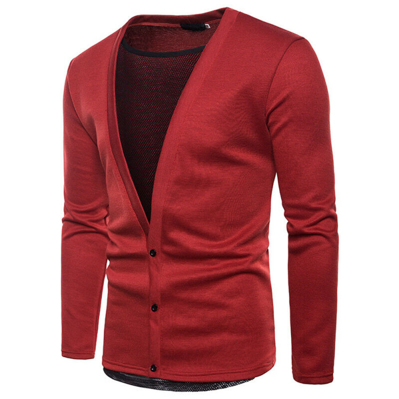 Men's V-Neck Knitted Button Sweater Cardigan - Red