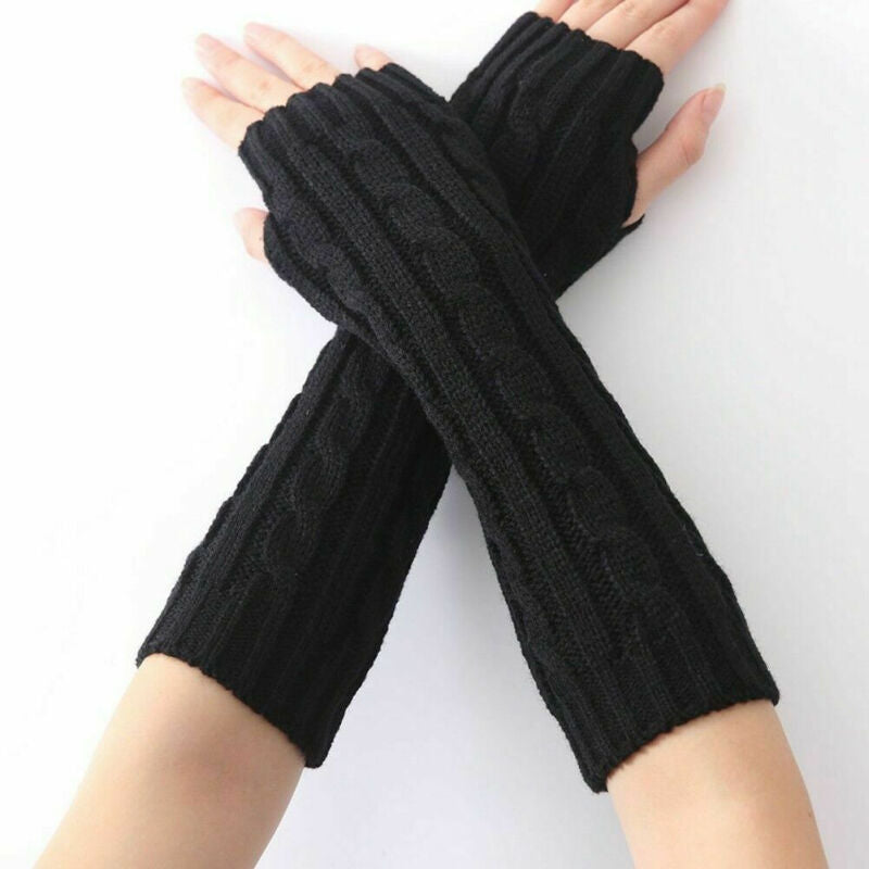 New Women Winter Knitted Long Gloves Mittens - Black