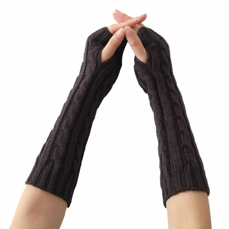 New Women Winter Knitted Long Gloves Mittens - Coffee