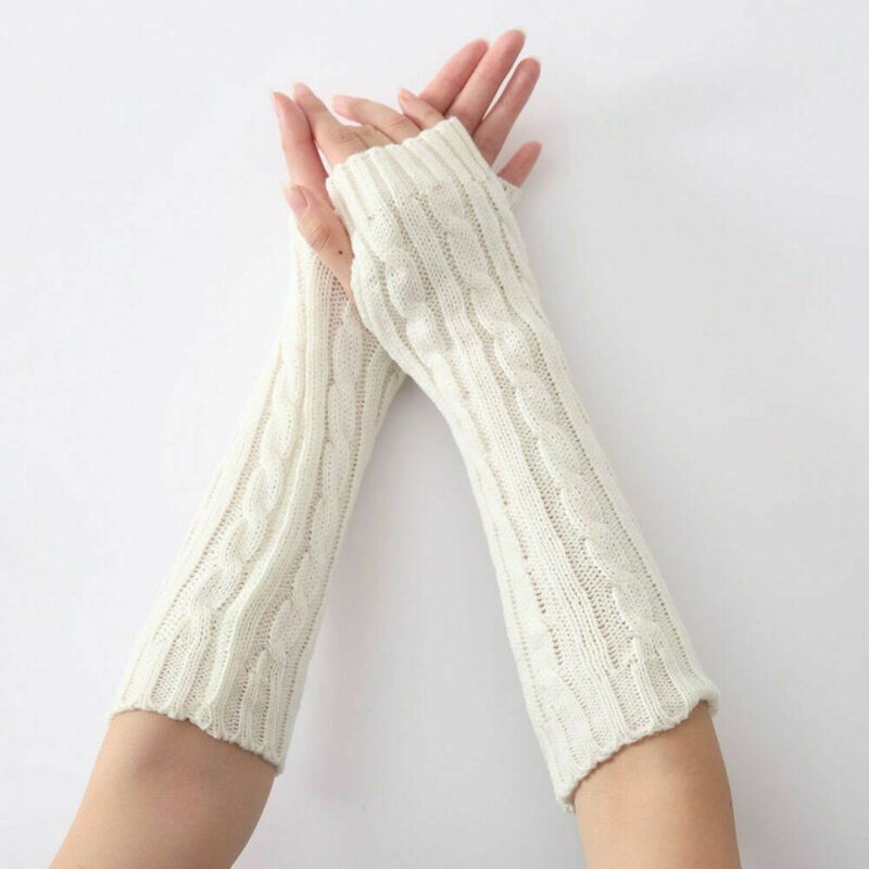 New Women Winter Knitted Long Gloves Mittens - White