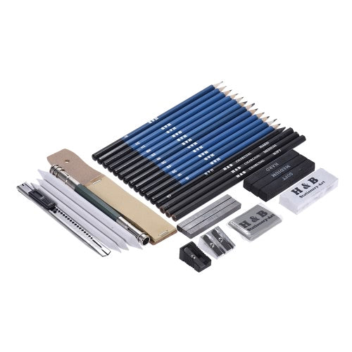 32pcs/Set Professional Drawing Sketch Pencil Kit Including Sketch Pencils Graphite & Charcoal Pencils Sticks Erasers Sharpeners with Carrying Bag for Art Supplies Students