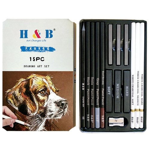 H&B 15Pcs/Set Art Supplies Drawing Kit White Charcoal and Pastel Pencils Set Painting Tools