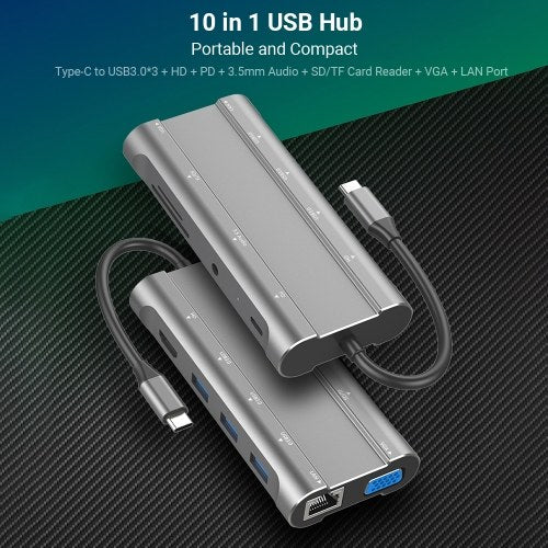 T1001 10 in 1 USB Hub Type-C to USB3.0*3 +  Multimedia Interface + PD + 3.5mm Audio + Card Slot*2 + VGA + LAN Port Multifunction Splitter Converter for PC Laptop Computer Mobile Phone