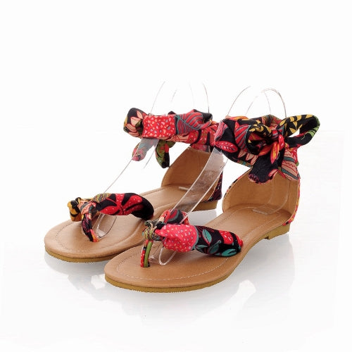 Summer Fashion Women Flats Floral Print Toe-post  Thin Shoes Sandals Yellow