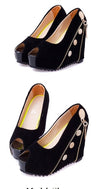 Women High Wedges Peep Toe Platform Sole Zipper Pumps High Heels Black