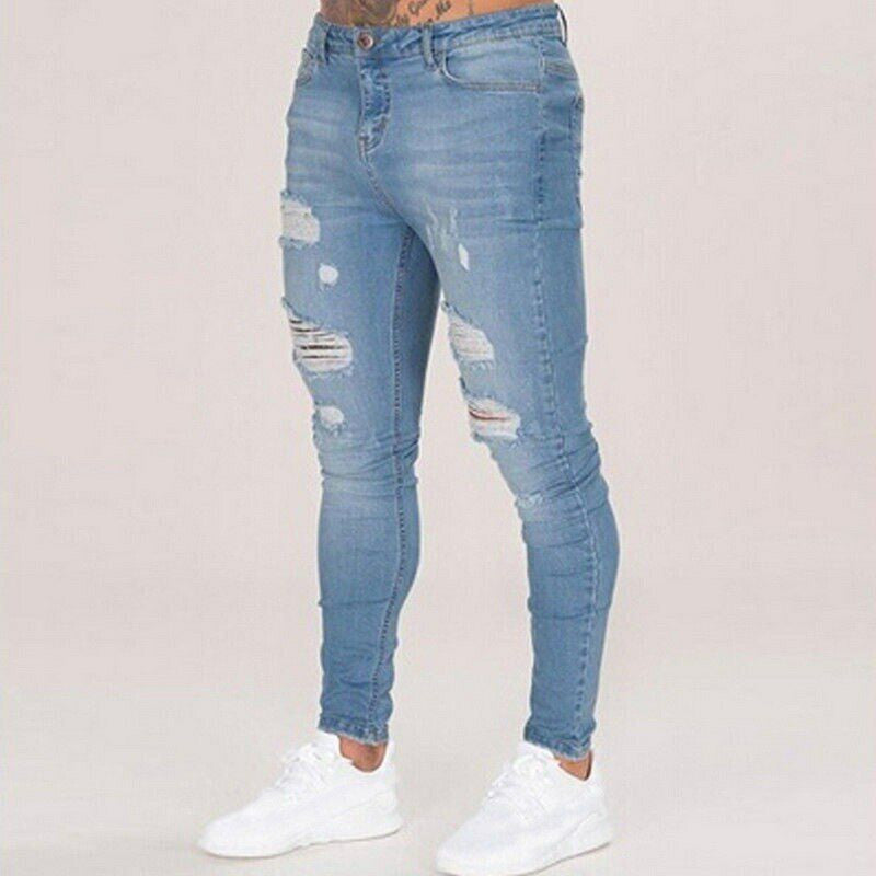 Sunsiom Mens Fashionable Denim Ripped Jeans - Blue