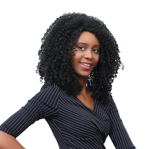 17'' Woman Long Curly Hair Wigs Synthetic Fiber Wig Shaggy Curly Hairpiece Woman Black Fashion Wigs with Lace Cap