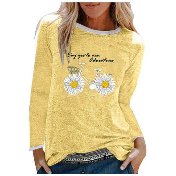 Women Daisy Print Long Sleeves Tunic Blouse Tops - Yellow