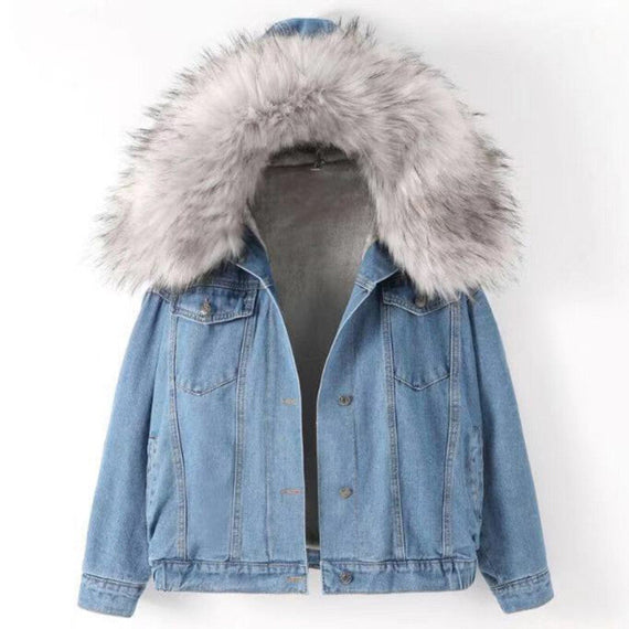 Women Denim Hooded Outwear Coat - Gray