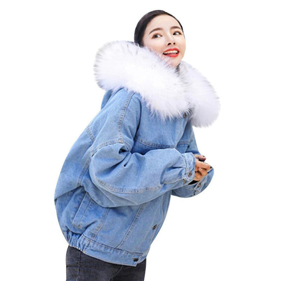 Women Denim Hooded Outwear Coat - White