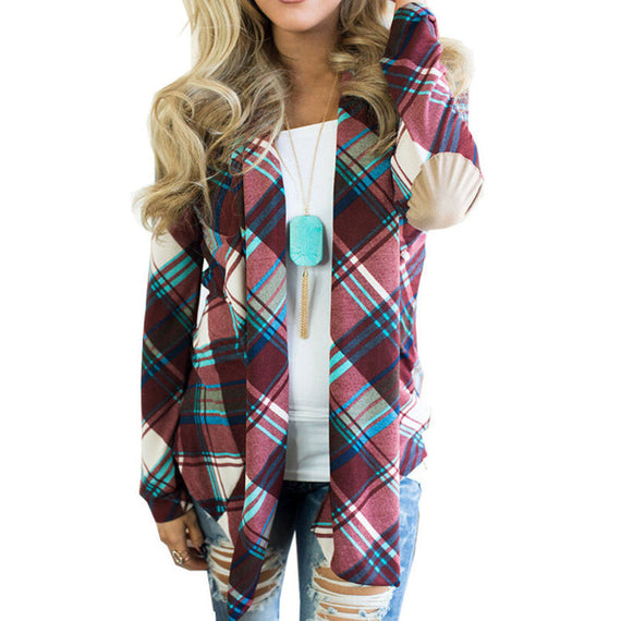 Women Flannel Long Sleeve Loose Cardigan Blouse - Purple