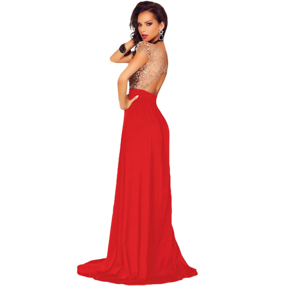 Women Gold Lace Overlay Evening Dress - Red