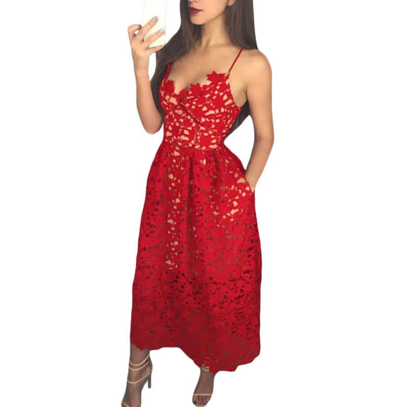 Women Lace Hollow Out Nude Illusion Party Dress - Red