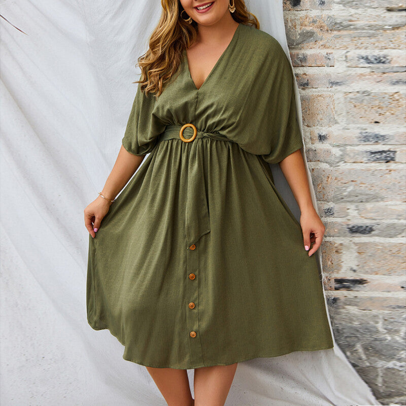 Women Plus Size V-Neck Short Sleeve Dress - Army Green