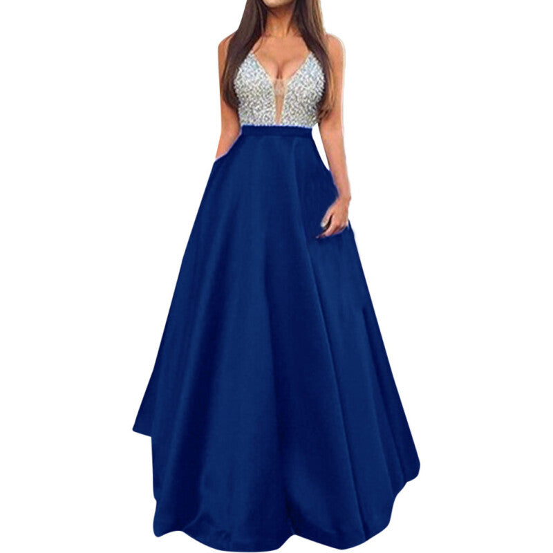 Women Sleeveless V-Neck Wedding Maxi Dress - Blue