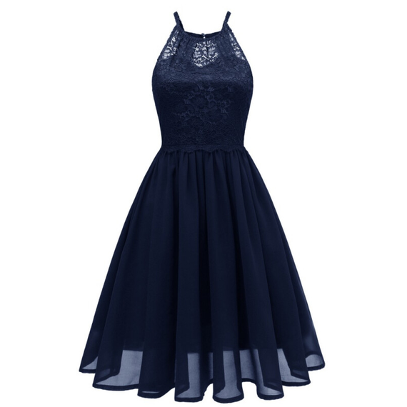 Women Vintage Cocktail Backless Party Dress - Dark Blue
