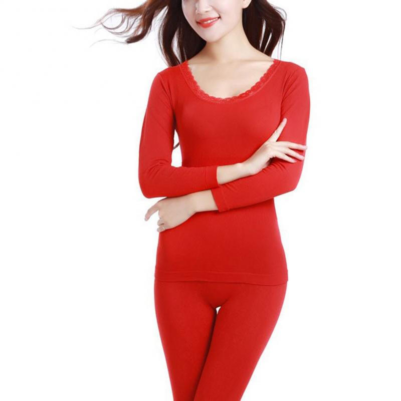 Women Winter Waist Slim Fit Thermal Underwear Set - Red