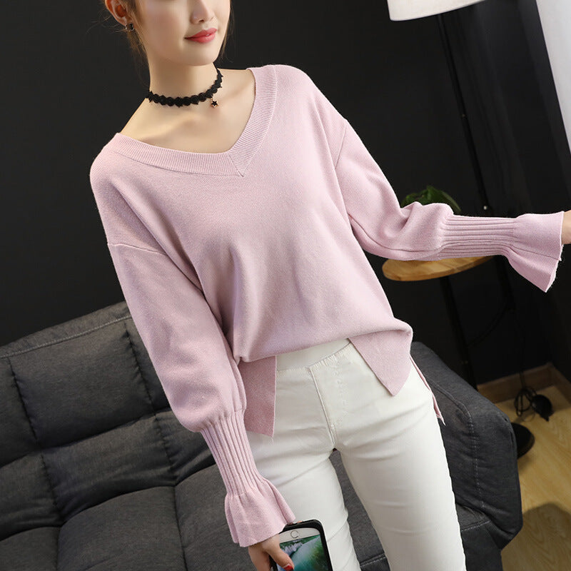 Women's Long Sleeve Casual Knitted Top - Pink