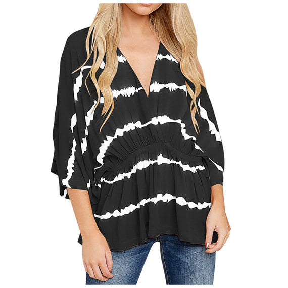 Women's Loose Gradient Print V-Neck Blouse Tops - Black