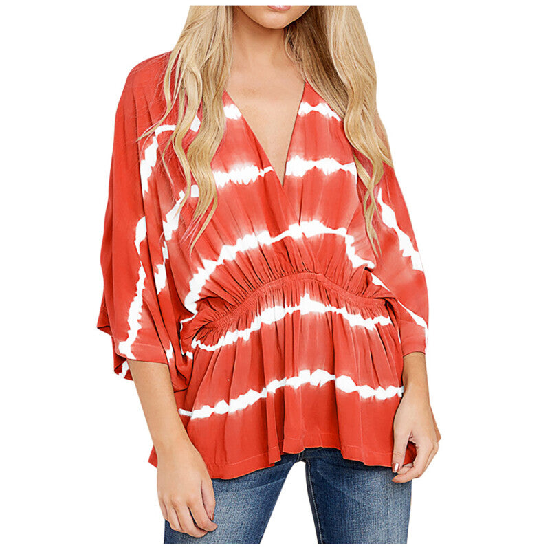 Women's Loose Gradient Print V-Neck Blouse Tops - Red