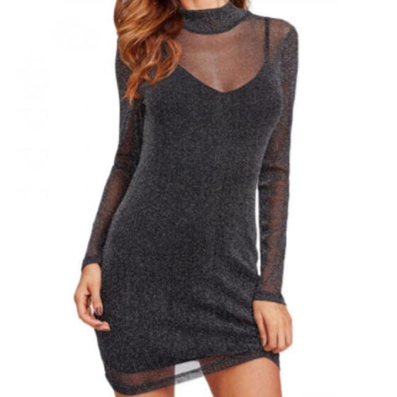 Women's V-Neck Sequined Bodycon Dress - Black