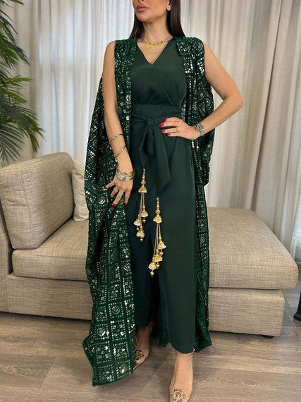 Green Geometric Embroidery Sequin Jumpsuit and Outwear Two-Piece Set
