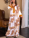 Leaf Print Feather Lace V Neck Long Sleeve Kaftan