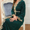 Velvet White Stripe V Neck Long Sleeve Green Dress