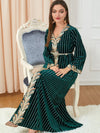 Velvet White Stripe V Neck Long Sleeve Green Dress