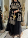 Golden Folk Pattern High Neck Split Sleeve Mesh Dress