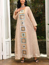 Apricot Square Collar Beaded Embroidery Long Sleeve Elegant Dress