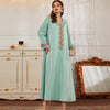 Satin Embroidered Rhinestone Long Sleeve V Neck Dress