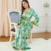 Green Printed Belt Design V Neck Tassels Sleeve Long Dress