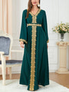 Green Embroidery Print Binded Design V Neck Long Sleeve Dress