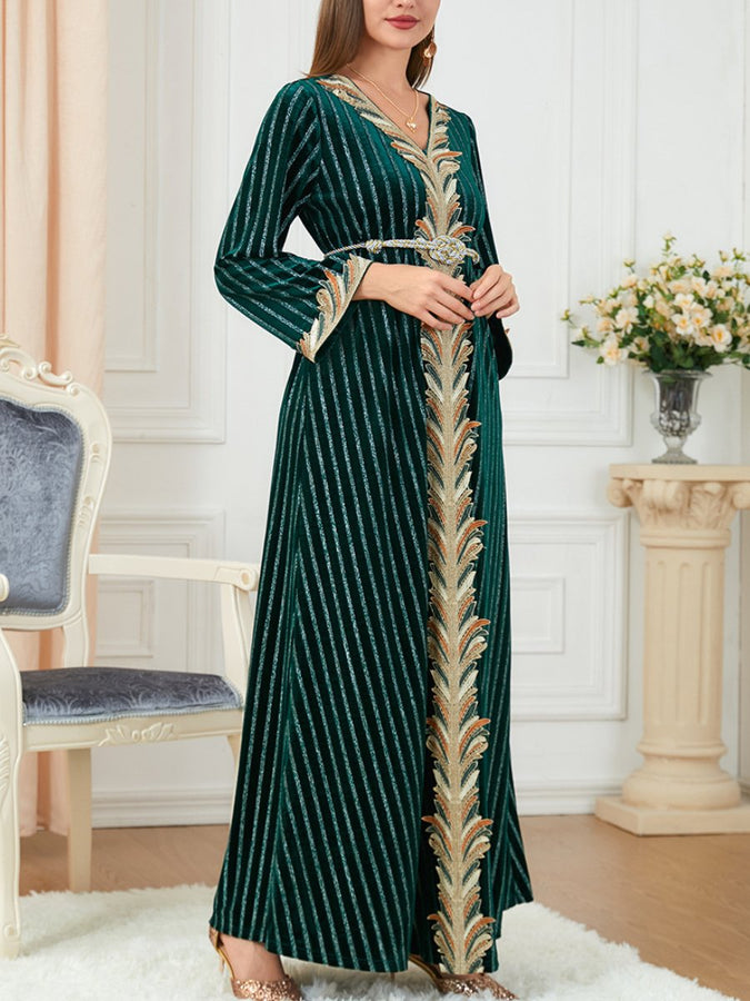 Velvet White Stripe V Neck Long Sleeve Green Dress