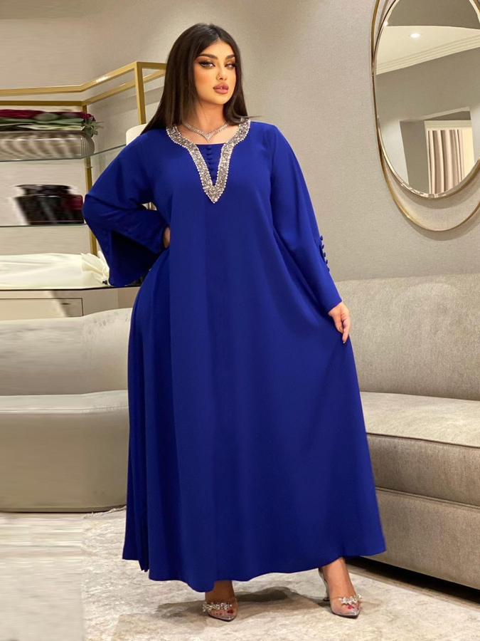 Full Rhinestone Neck Long Sleeve Loose Lady Gown