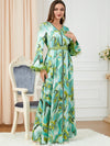 Green Printed Belt Design V Neck Tassels Sleeve Long Dress