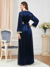 Solid Color Binded Design V Neck Long Sleeve Velvet Blue Dress