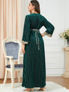 Velvet White Stripe V Neck Long Sleeve Green Dress