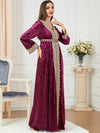 Solid Color Velvet Embroidery Pattern V Neck Long Sleeve Dress