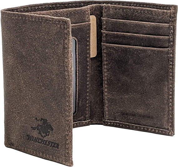 RFID Blocking Winchester Mens Trifold Wallet with Full Grain Genuine Leather, Rustic Texture