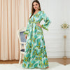 Green Printed Belt Design V Neck Tassels Sleeve Long Dress